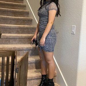 Forever 21 Floral Black White Dress Mock Neck Short Sleeves Ruched M Lining